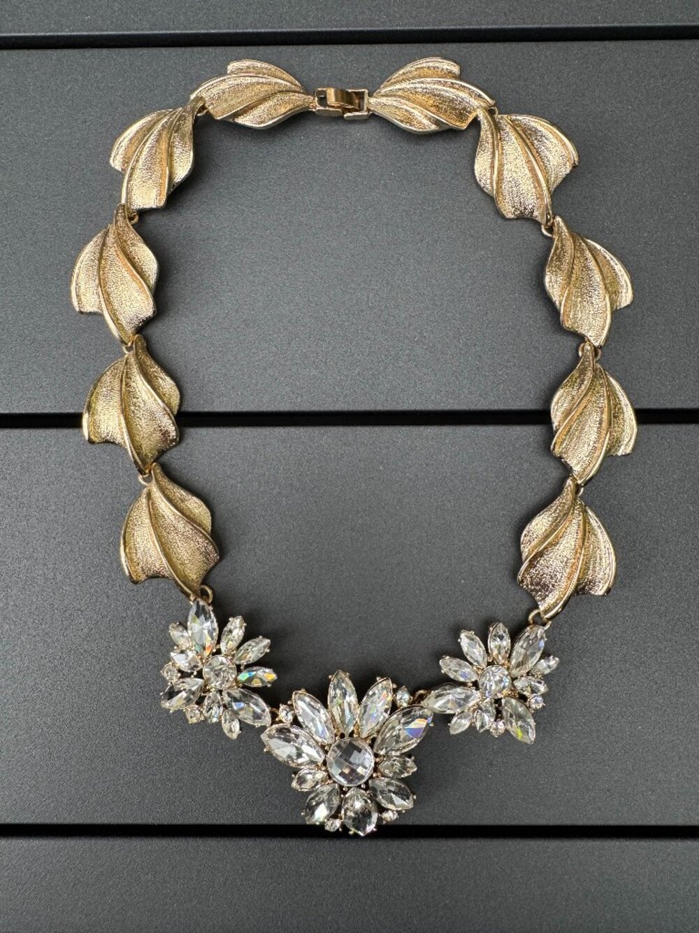Gold Tone Crystal Rhinestone Floral Statement Necklace